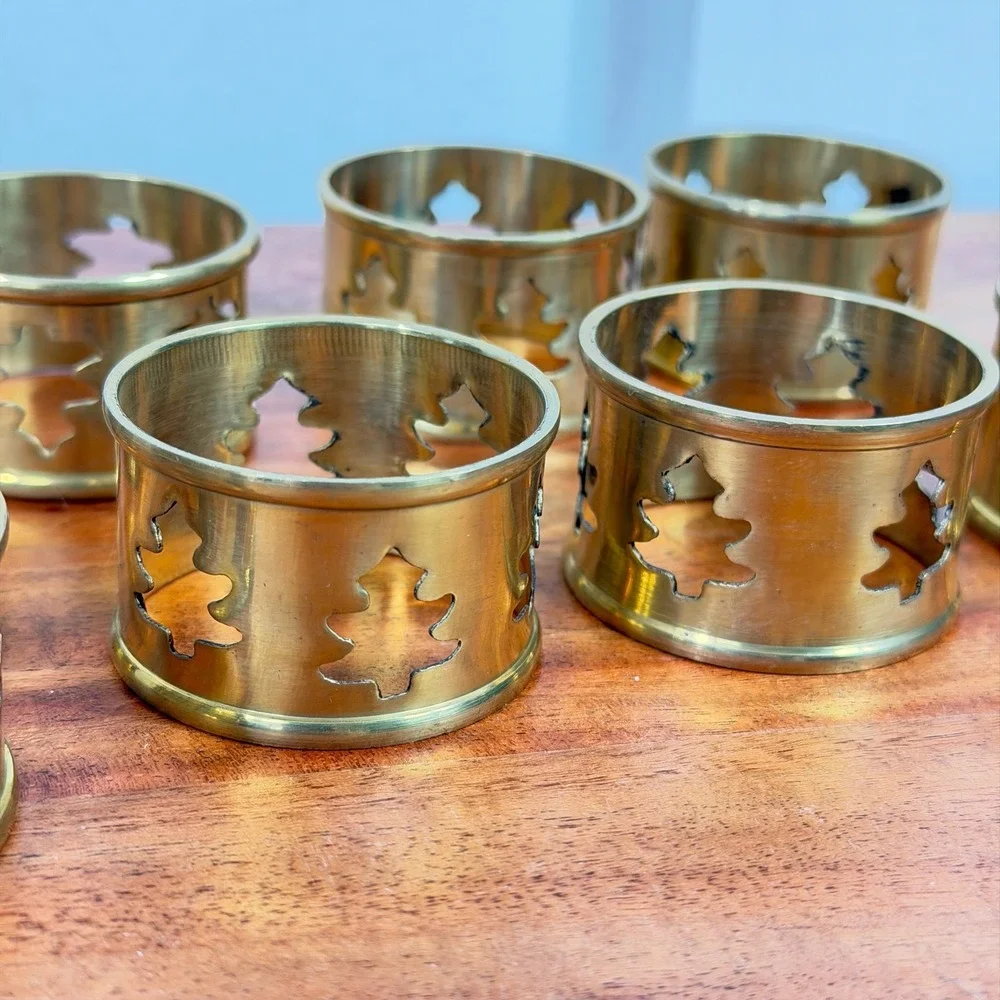 Set of 8 Brass Napkin Rings Christmas Tree Cutout Made in India Table Decor